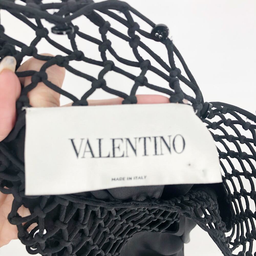 VALENTINO GARAVANI Midi Dress 4 Black Fringed Macramé-Paneled Silk-Crepe FLAW - Picture 14 of 16